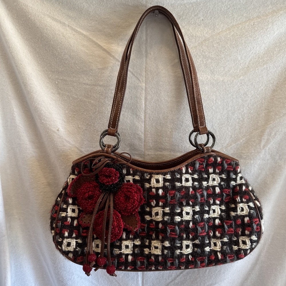 Isabella Fiore Bag Red Flower Beaded Black White Grey Check Plaid Handbag Purse